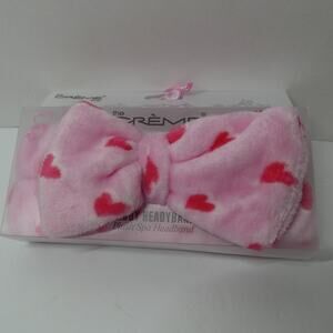 The Creme Teddy Headyband Plush Spa Headband Bow Pink Hearts Valentine’s NWT